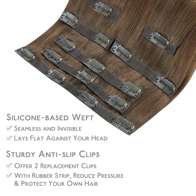 WENNALIFE Seamless Clip In Hair Extensions, 16 Inch 7pcs 130g Balayage Chocolate Brown to Honey Blonde Hair Extensions Clip In Invisible PU Skin Weft Real Human Hair Extensions Clip In