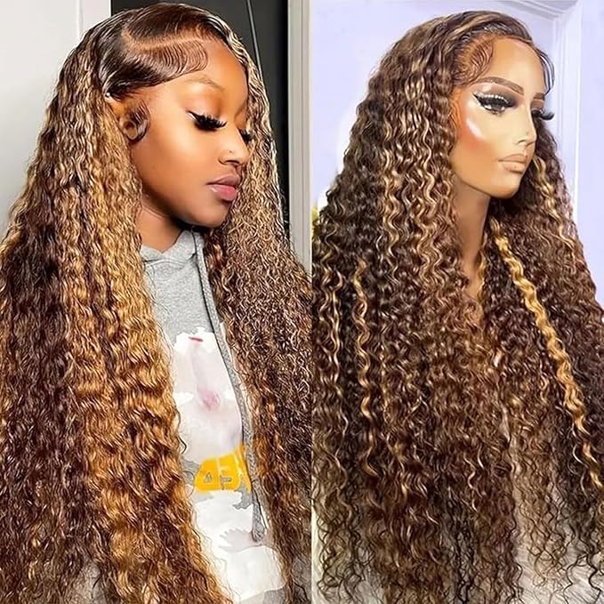 26 Inch Highlight Deep Wave Wig Human Hair Honey Blonde 13x6 HD Ombre Lace Front Wigs Human Hair Pre Plucked 200% Density Curly Lace Frontal Wigs For Women
