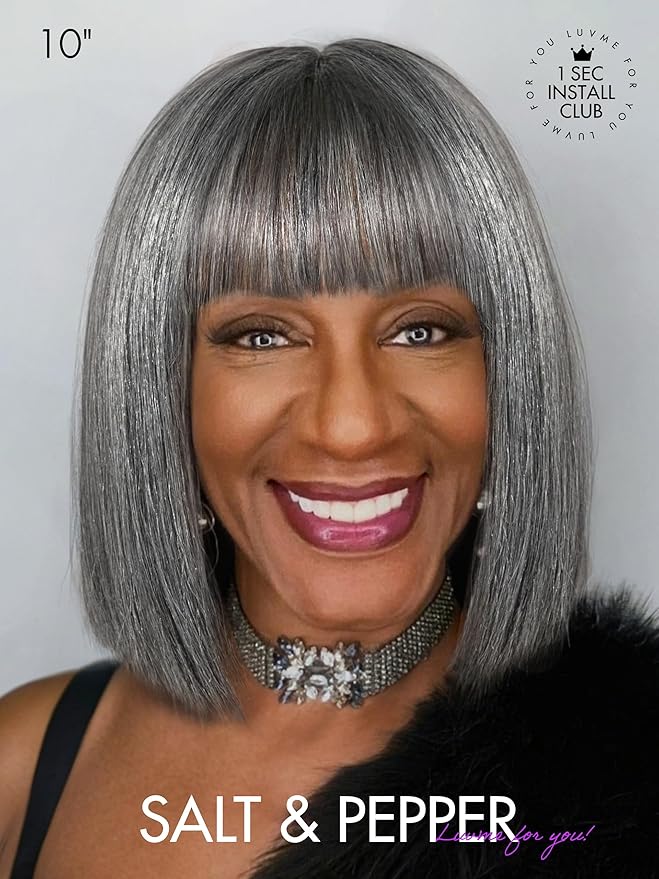 LUVME HAIR All-Day Comfort Wig 10 Inch Grey Salt & Pepper Silky Straight Bob Wig with Bangs Human Hair Glueless HD Lace Bob Wig with Mix Grey Color, Ready to Go Short Wigs For Women (Breathable Cap)