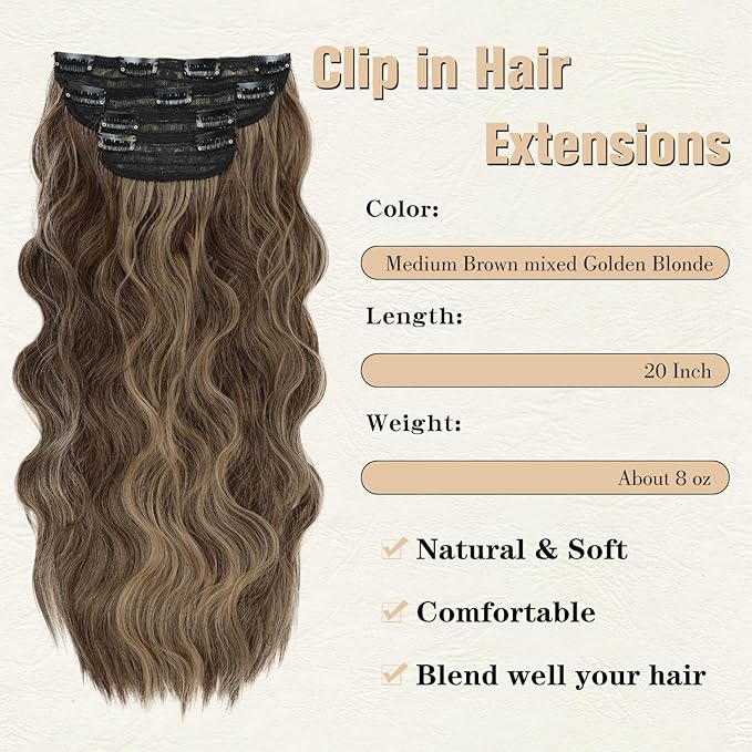 Clip in Hair Extensions, 20 Inch Medium Brown Mixed Golden Blonde Hair Extensions for Women 4PCS Curly Hair