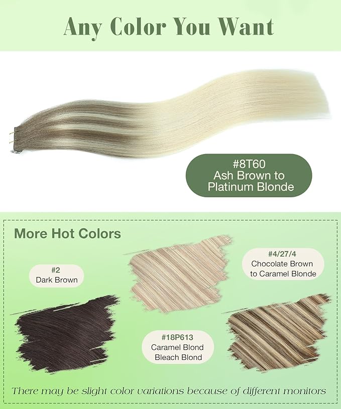 SURNEL Tape in Extensions Human Hair Ombre 8 Ash Brown Fading to 60 Platinum Blonde Tape in Hair Extensions 20 inch 20pcs 50g(#8T60-20)
