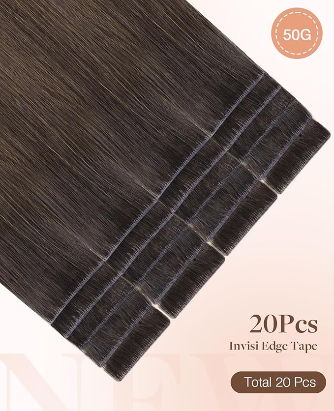 GOO GOO Invisi Edge Tape in Hair Extensions Human Hair, 1D/2C/4E Chocolate Dip Color Melt 20pcs 16inch 50g, Virgin Remy Hair, Seamless Injected Tape, Natural Look