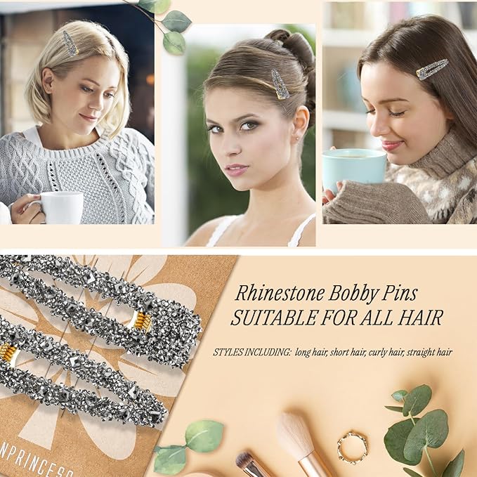 2PCS Rhinestone Hair Clips,Snap Hair Accessories,Decorative Hair Clips,Rhinestone Barrettes For Women Girls(SET9)