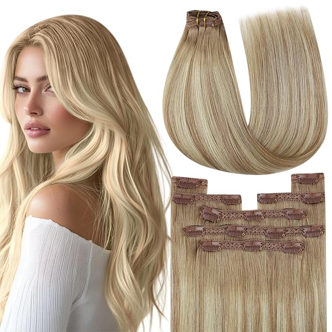 YoungSee Clip in Human Hair Extensions Blonde Balayage Human Hair Clip in Extensions Golden Brown Mix Platinum Blonde Clips in Hair Extensions Real Human Hair for Woman 18inch 120g