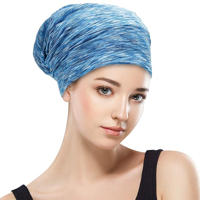 Silk Satin Lined Bonnet Sleep Cap - Adjustable Stay on All Night Hair Wrap Cover Slouchy Beanie for Curly Hair Protection for Women and Men - Heather SkyBlue