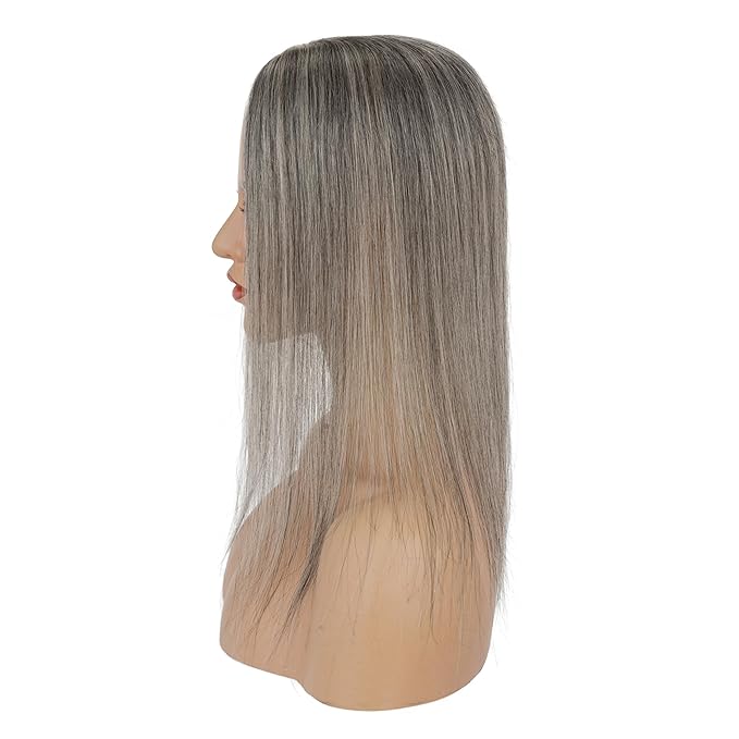 Hairro Human Hair Toppers Free Parted, 3.5x4.7" Base Hand-wovened 100% Real Hairpieces, with Invisible Clips-in for Women, for High Hairline/Adding Volume on Top, 12 Inch Dark Grey Mix Silver