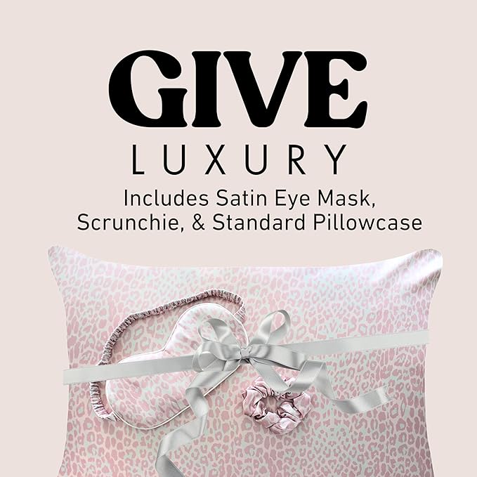 Satin Pillowcase Gift Set for Women – Pink Leopard, Silky Soft, Reduces Frizz | Includes Satin Eye Mask & Scrunchie | for Curly Hair, Sensitive Skin | Gift for Mom, Daughter, Girlfriend