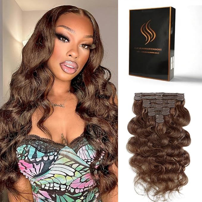Clip in Hair Extensions Real Human Hair Body Wave 4 Chocolate Brown Clip in 100% Brazilian Remy Human Hair Extensions 8pcs Per Set with 18 Clips Double Weft 18 Inch 100g/3.6oz