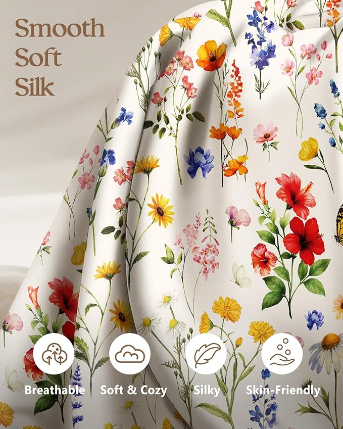 2 Pack Mulberry Silk Pillowcase for Hair and Skin - Standard Size 20 x 26 Inches with Hidden Zipper Beige Flower 19 Momme Soft Sleeping Silk Pillow Case for Women, Moms