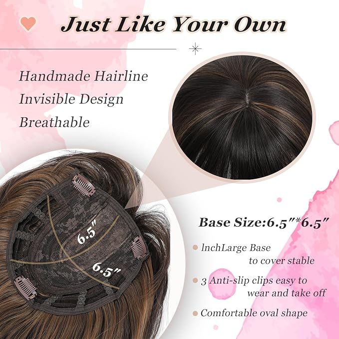 Hair Topper, 360° 3D Hair Toppers for Women with Thinning Crown, 18 Inch Long Wavy Curly Hair Pieces Clip in Bangs (Dark Brown Mixed Chestnut, 18 inch, French Bangs)