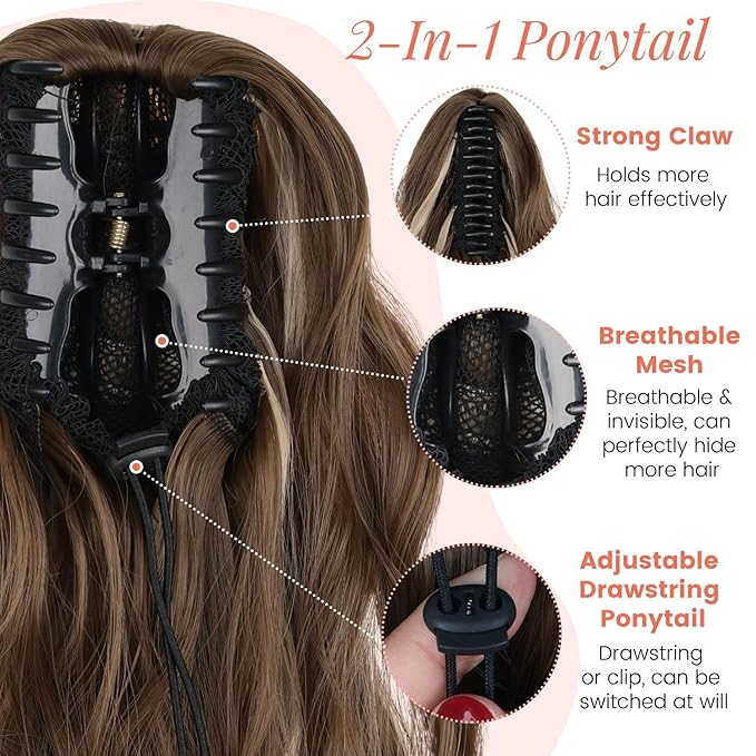 18 Inch Ponytail Extension for Women Claw Ponytail Extension Wavy in Fake Pony Tails Fake Hair Fluffy Natural Synthetic Hairpiece for Daily Use (Chestnut Brown Mixed Ash Blonde)