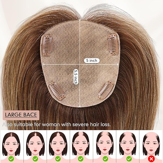 starluck Hair Toppers for Women Real Human Hair 5"*5.5"Large Coverage Mixed Brown No Bangs 100% Real Human Hairtoppers for Women with Thinning Hair Cover Gray Roots