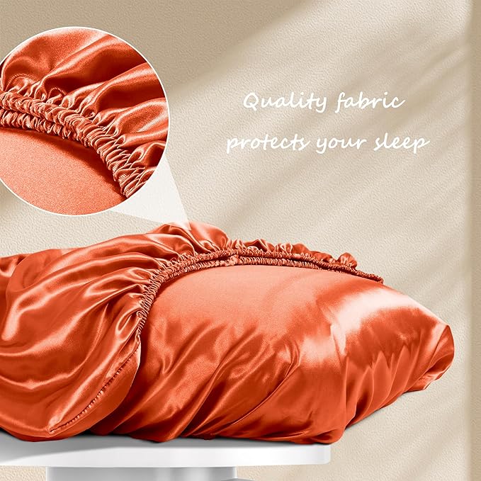Manyshofu Satin Pillowcases for Hair Protection - 1Pcs Burnt Orange Pillow Cases, Elastic Band Standard & Queen Satin Pillowcases Luxury Silky Pillow Cases Travel Pillow Covers