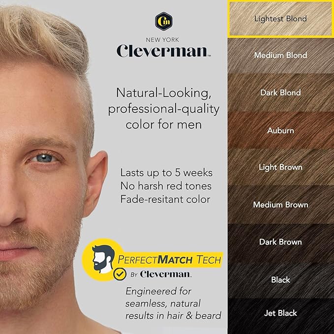 CLEVERMAN Lightest Blond Hair & Beard Dye for Men, All-in-One Reusable Kit - Men's Color For Natural-Looking Gray Coverage, Professional-Quality and Ammonia-Free