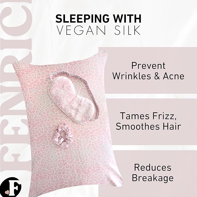 Satin Pillowcase Gift Set for Women – Pink Leopard, Silky Soft, Reduces Frizz | Includes Satin Eye Mask & Scrunchie | for Curly Hair, Sensitive Skin | Gift for Mom, Daughter, Girlfriend
