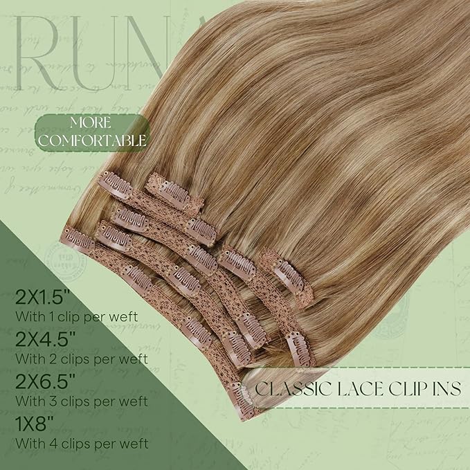 RUNATURE Clip in Extensions Human Hair 10"-24" Straight Short/Long Smooth Hair 100g 9pcs Full Head Clip in Human Hair Weave Extensions for Women Girls Ladies 16" #10/16
