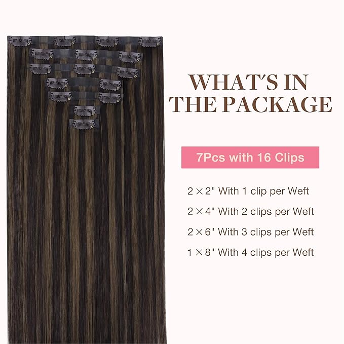 GOO GOO Clip in Hair Extensions Real Human Hair, Remy Human Hair Extensions Clip ins for Women, Natural Human Hair, 18inch 110g 7 Pcs, #2/6 Dark Brown Highlighted Chestnut Brown