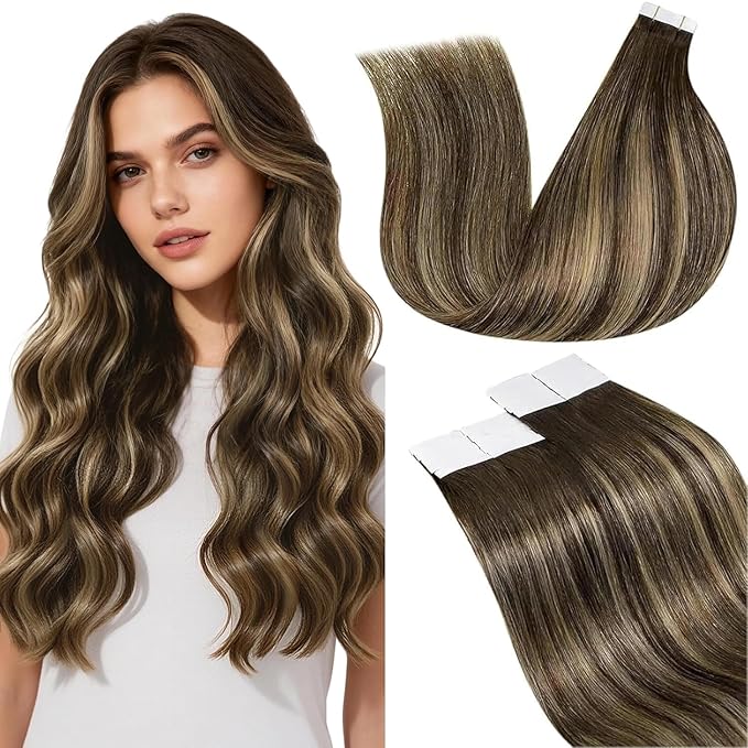 LaaVoo Hair Extensions Tape in Brown Balayage Human Hair Tape in Extensions Ombre Brown to Caramel Blonde with Brown 24inch 20pcs 50g