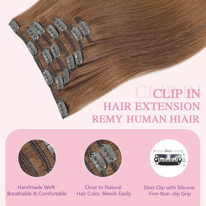 PINKPEARL Clip in Hair Extensions Real Human Hair, Remy Human Hair Extensions Clip ins for Women, Natural Human Hair, 20inch 120g 7Pcs, #33 Auburn(#33-20)