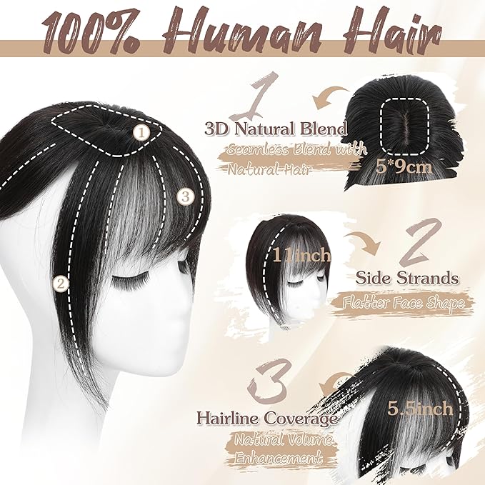 Hair Toppers for Women Real Human Hair - 360° Coverage Black Clip In Topper with Bangs for Thinning Hair Upgraded 5×9 cm Silk Base Ideal for Everyday Use
