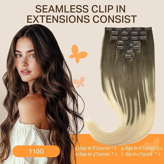 DOORES Real Human Hair Extensions, Ash Brown to Platinum Blonde, 14 Inch 110g 7pcs, Seamless Clip in Straight Hair Invisi Edge Extensions