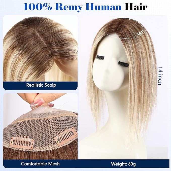 HAIRCUBE Hair Toppers For Women With Thinning 5"*5" Large Base Real Hair Toppers For Women, 14 Inch For Hand-Woven, 60g, Silk, Natural, realistic, Use Daily, Hairloss, Blonde Mixed Brown, No Bangs