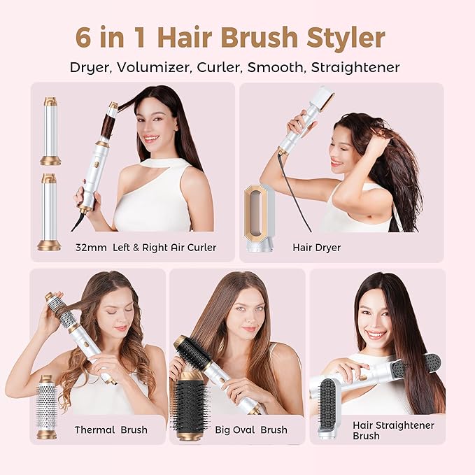 6 in 1 Air Styler Magic Hair Dryer Brush, Negative Ionic Blow Dryer Brush & 3 Heat Settings, Detachable Auto Curling & Straightening Volumizing, Frizz-Free Styling, Salon to Home Use (A-White-Pink)