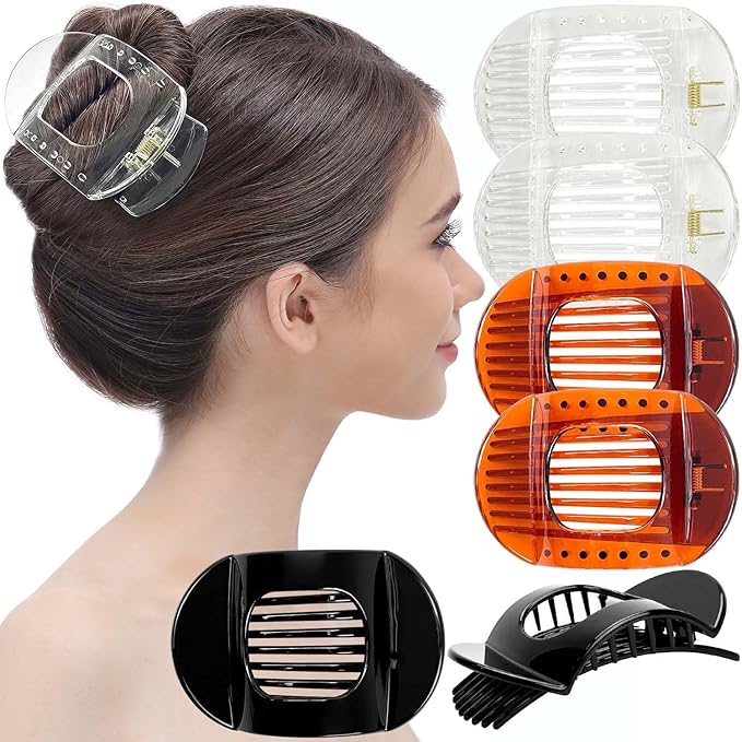 RC ROCHE 6 Pcs Flat Claw Hair Clips for Women Thick Hair French Round Duckbill Square Secure Strong Hold Grip Clamps Barrettes Curved No Slip No Crease Styling Cute Jumbo XL, Large Clear Brown & Black