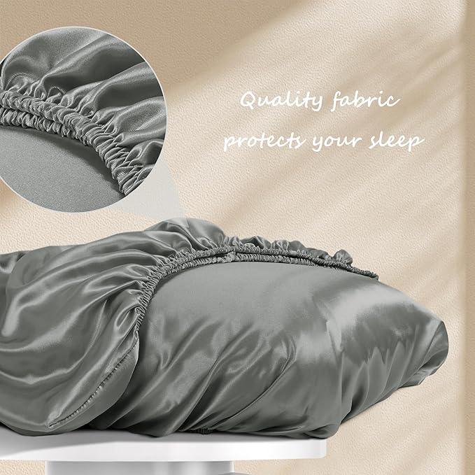 Manyshofu Satin Pillowcases for Hair Protection - 2Pcs Grey Pillow Cases, Elastic Band Standard & Queen Satin Pillowcases Luxury Silky Pillow Cases Travel Pillow Covers