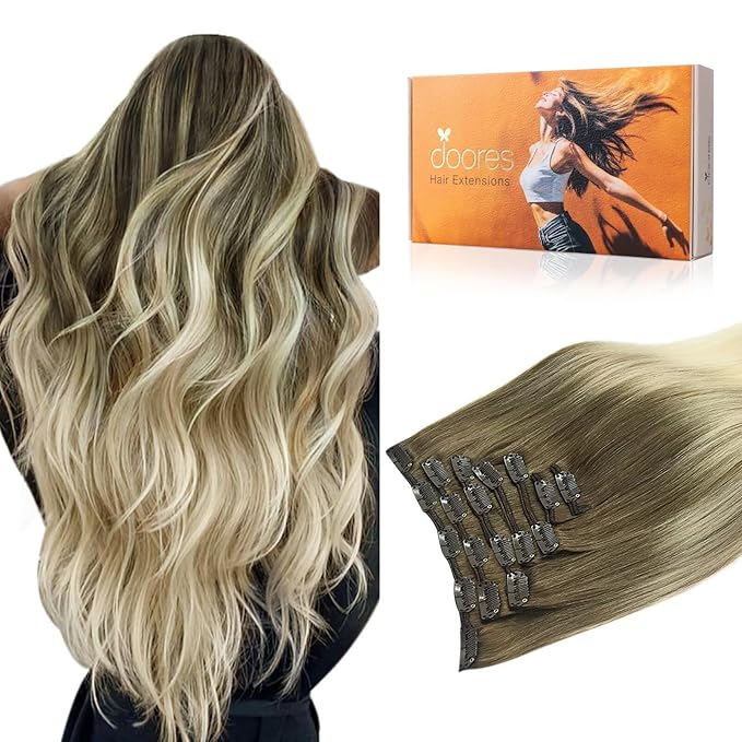 DOORES Human Hair Extensions, Ash Brown to Platinum Blonde 24 Inch 7pcs 120g, Remy Hair Extensions Clip in Human Hair Extensions For Women Clip in Natural Hair Extensions Thick Silky Straight