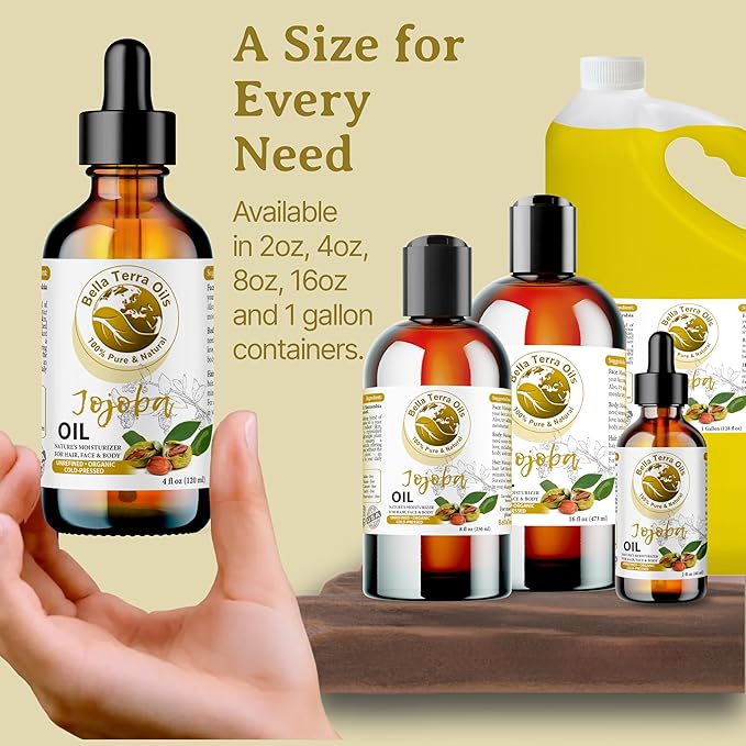 Bella Terra Oils - Organic Jojoba Oil 4oz - Cold-Pressed Excellence, Non-Comedogenic, Bathed in Vitamin C & E, For Those Seeking the Best Oils for Skin