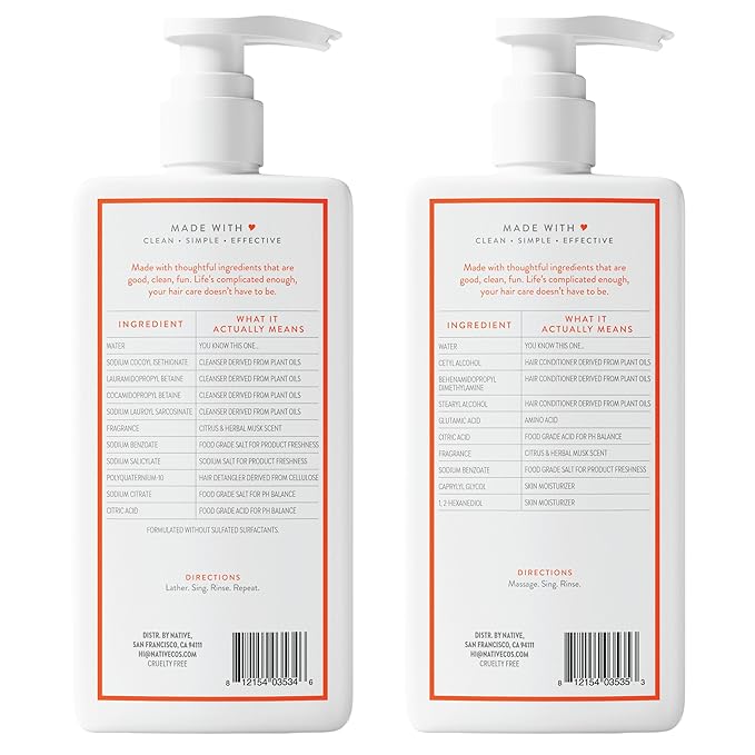 Native Shampoo and Conditioner contain Naturally Derived Ingredients | All Hair Types, Color & Treated, Fine to Dry Damaged | Sulfate & Dye Free | Citrus & Herbal Musk, 16.5 fl oz each (2 pack)