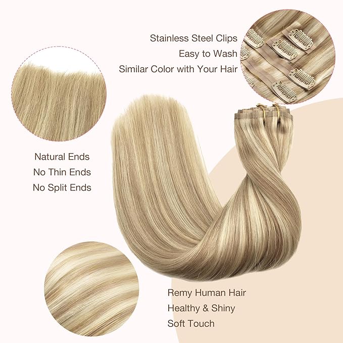 GOO GOO Clip in Hair Extensions Real Human Hair, Remy Human Hair Extensions Clip ins for Women, Natural Human Hair, 22inch 110g 7Pcs, 18A/613A Dark Blonde Highlighted Bleach Blonde