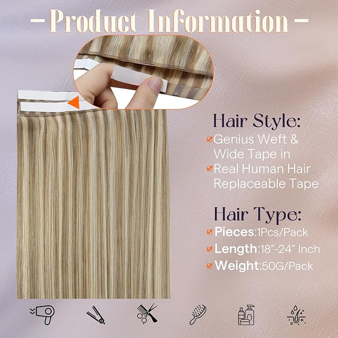 Full Shine Tape in Weft Hair Extensions Human Hair Color 16 Highlight 22 Blonde Genius Pu Genius Weft Double Sided Tape in Weft Invisible Tape ins Extensions 18Inch 50G One Piece for Daily Office Look