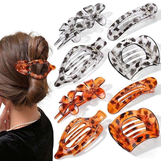 Obeoby 8 Pcs Flat Hair Clips for Women, 4 Types French Flat Claw Clips Hair Accessories Barrettes Large Medium (Tortoiseshell)