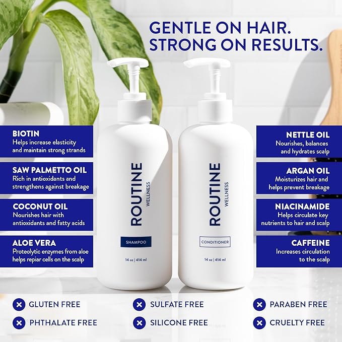 Routine Wellness Bundle - Shampoo and Conditioner Set for Thinning Hair, Two Serums for Scalp Health, Hair Growth Supplement & Hair Mask - Unscented