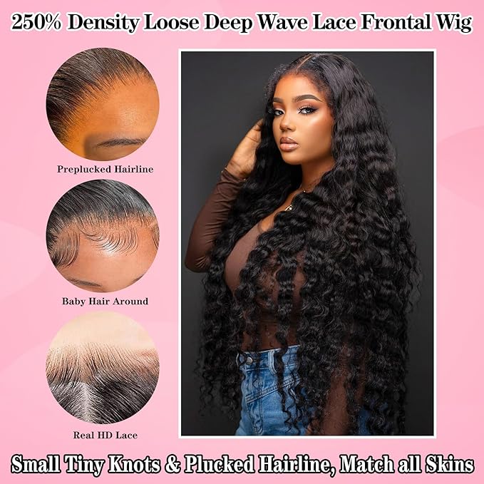 28 Inch 250% Density HD Lace Front Wigs Human Hair Loose Wave 100% Real Human Hair 15A Full 13x4 Large Lace Space Loose Deep Wave Wig Pre Plucked, No Synthetic No Tangle No Shedding Triple Lifespan 3X