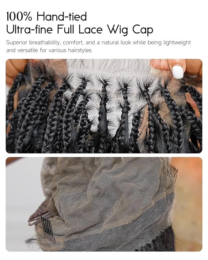 Human Hair Boho Curls Hand-Tied HD Full Lace Wig - 24" Salon-Level Small Box Synthetic Braids (121 Braids, High Density) Pre-Cut Swiss HD Lace, Pre-Plucked, Knotless, Tangle-Free - Black 1B