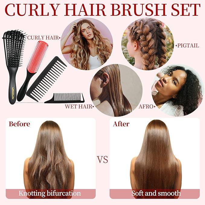 hair Brush Set for Afro America/African Hair, Textured 3a to 4c -Detangler Brush,9 row hair brush,Wide Tooth Comb,Rat Tail Comb (Black)