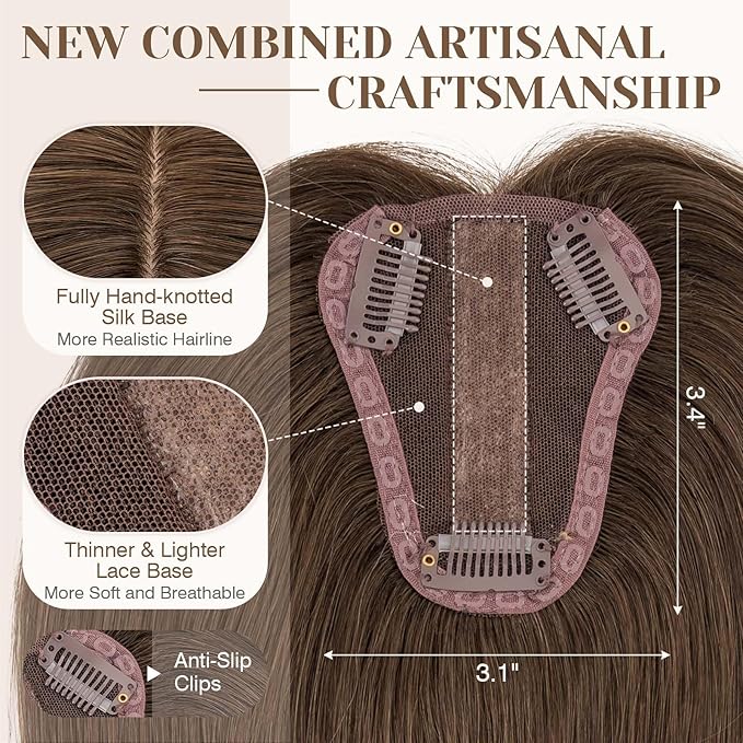 S-noilite Hair Toppers for Women Real Human Hair 3D 360° Cover Clip in 100% Real Human Hair Toppers 3″*4″ Clip in Silk Base 10 inch Natural Brown