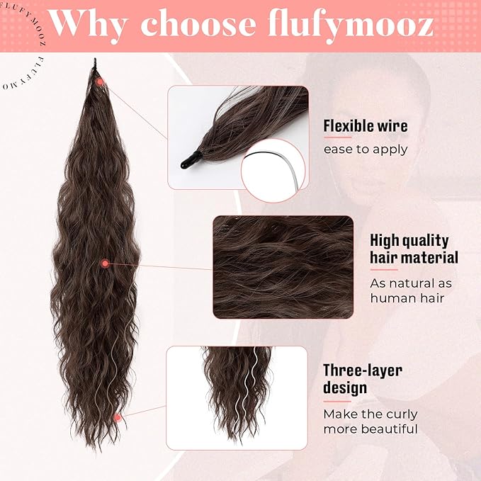 Flufymooz Ponytail Extension, Flexible Wrap Around Ponytail Extension Long Wavy Curly Ponytail Hair Extensions Natural pony tail Synthetic Hairpiece for Women 32 Inch (Dark Chocolate Brown)