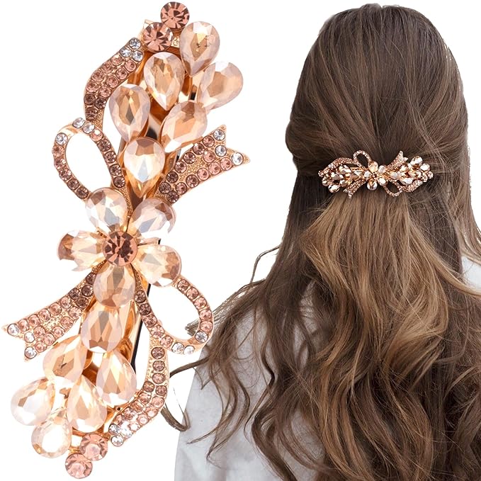Joez Wonderful Rhinestone Hair Clip Sparkly Crystal Barrettes French Wedding Prom Engagement Pageant First Communion Hair Decorative Accessories for Women Long Hair (Bow Champagne 1 Pcs)