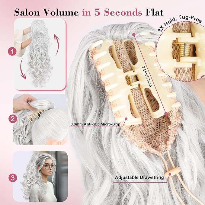 QGZ Ponytail Extension 20 Inch Claw Clip Ponytail Hair Extension Natural Synthetic Curly Wavy Hairpiece for Women Daily Use(Silver Grey)