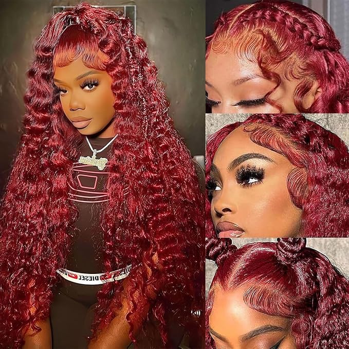 BVLBVL Burgundy Wig Human Hair 28 Inch 99j 13x6 HD Lace Front Wigs Human Hair 250 Density Deep Wave Human Hair Wig Pre Plucked Wet And Wavy No Tangle No Shedding Triple Lifespan 3x