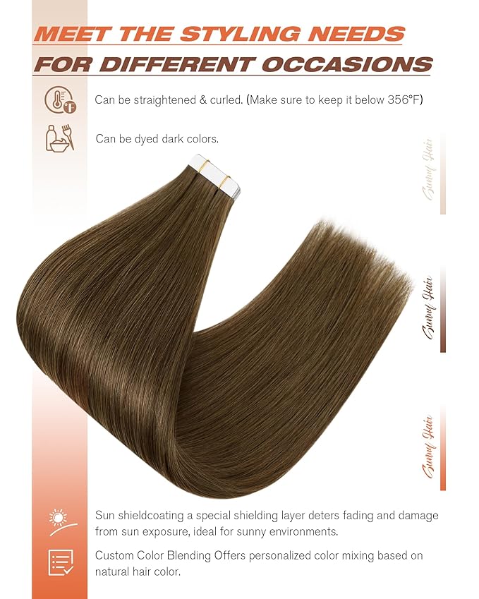 Sunny Hair Human Hair Tape in Extensions, Cool Brown Tape in Hair Extensions Human Hair 22 inch Straight Remy Tape in Human Hair Extensions 20Pcs 50g