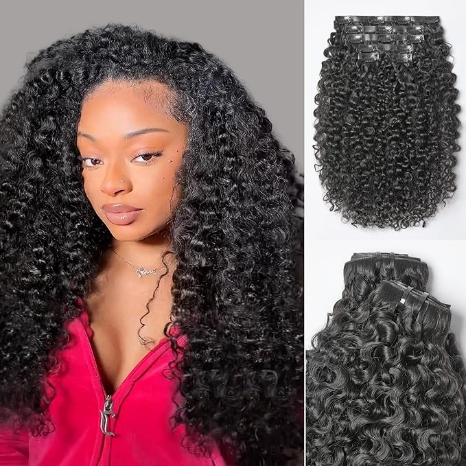 LUVME Invisible Clip in Hair Extensions 2 Pack Messy Curly Real Human Hair, Remy Hair Clip ins for Women, Natural Human Hair, 14 inch 220g 12Pcs, Natural Black