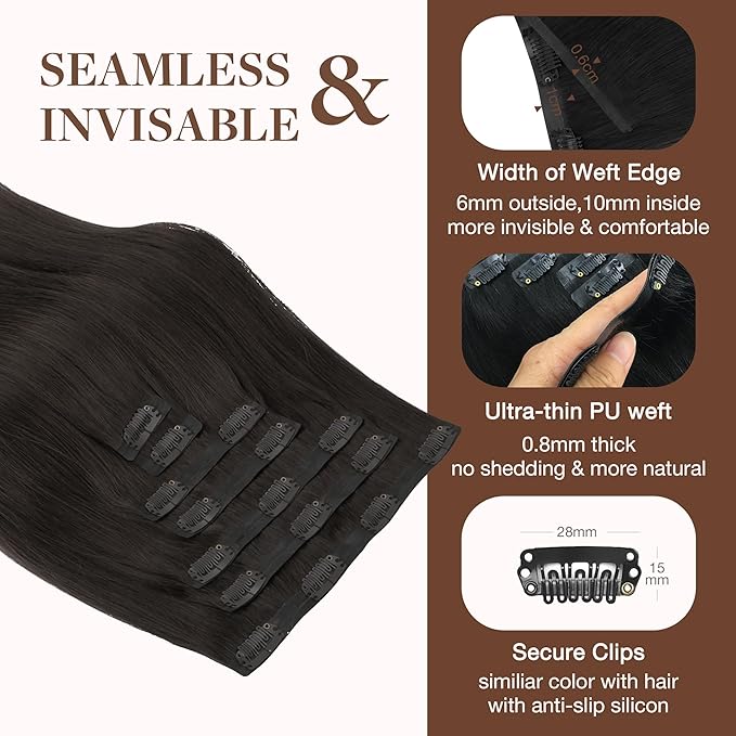 GOO GOO Clip in Hair Extensions Real Human Hair, Remy Human Hair Extensions Clip ins for Women, Natural Human Hair, 16inch 160g 9Pcs, #2 Dark Brown