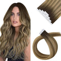 Sunny Hair Tape in Hair Extensions Human Hair 24 Inch Hair Extensions Real Human Hair Tape in Extensions for Women Dark Brown Ombre Brown Mix Caramel Blonde Virgin Hair Natural Straight 10Pcs 25g