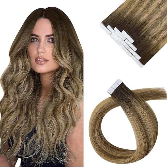 Sunny Hair Tape in Hair Extensions Human Hair 24 Inch Hair Extensions Real Human Hair Tape in Extensions for Women Dark Brown Ombre Brown Mix Caramel Blonde Virgin Hair Natural Straight 10Pcs 25g