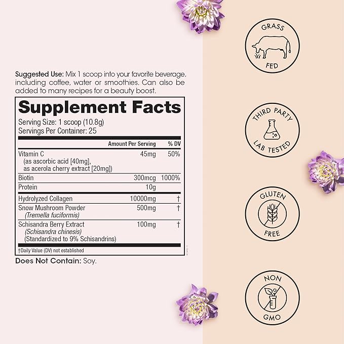 Winged Wellness Glow Up, Collagen Powder for Women - Hair, Skin & Nails Beauty Supplement with Grass-Fed Hydrolyzed Collagen Peptides Adaptogens, Vitamin C & Biotin - 25 Servings, Unflavored